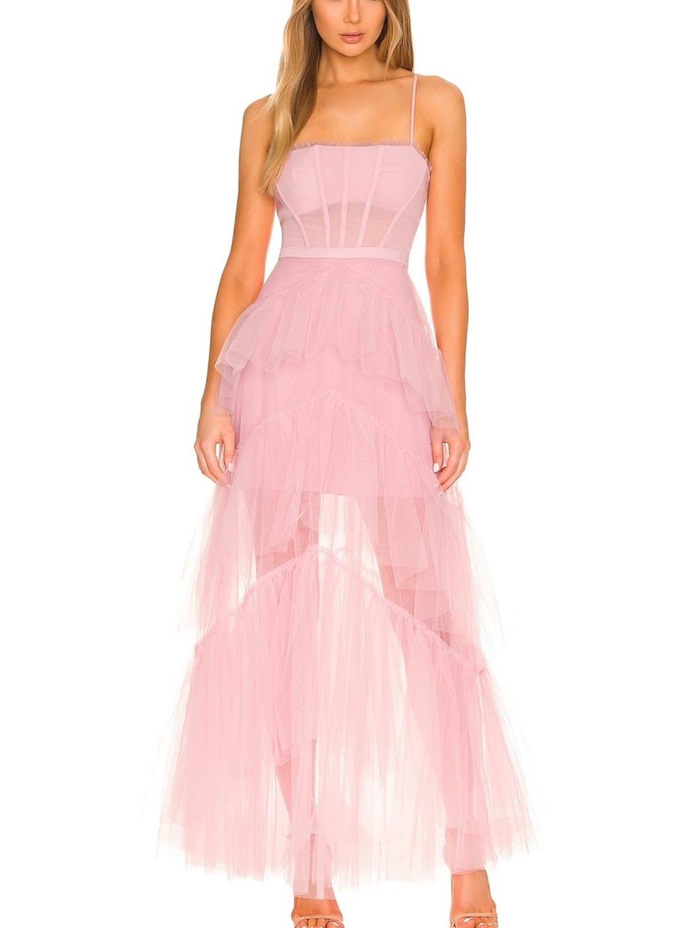 BCBGMaxAzria Pink High-Low Tulle Tiered Maxi Dress